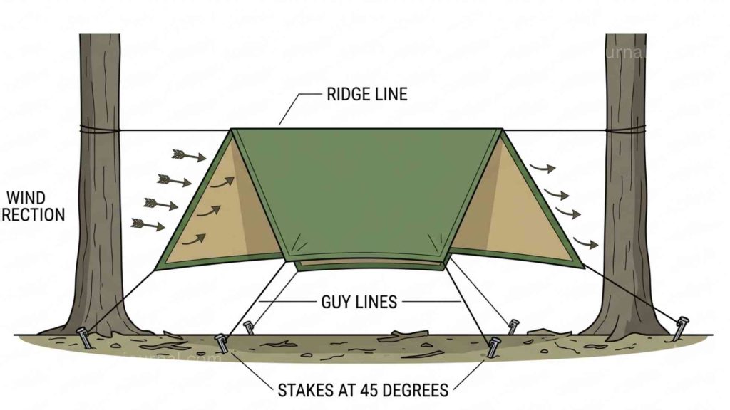 Technical diagram of A-frame tarp shelter showing ridge line between two trees tarp drape and corner stakes at 45-degree angles with wind deflection arrows