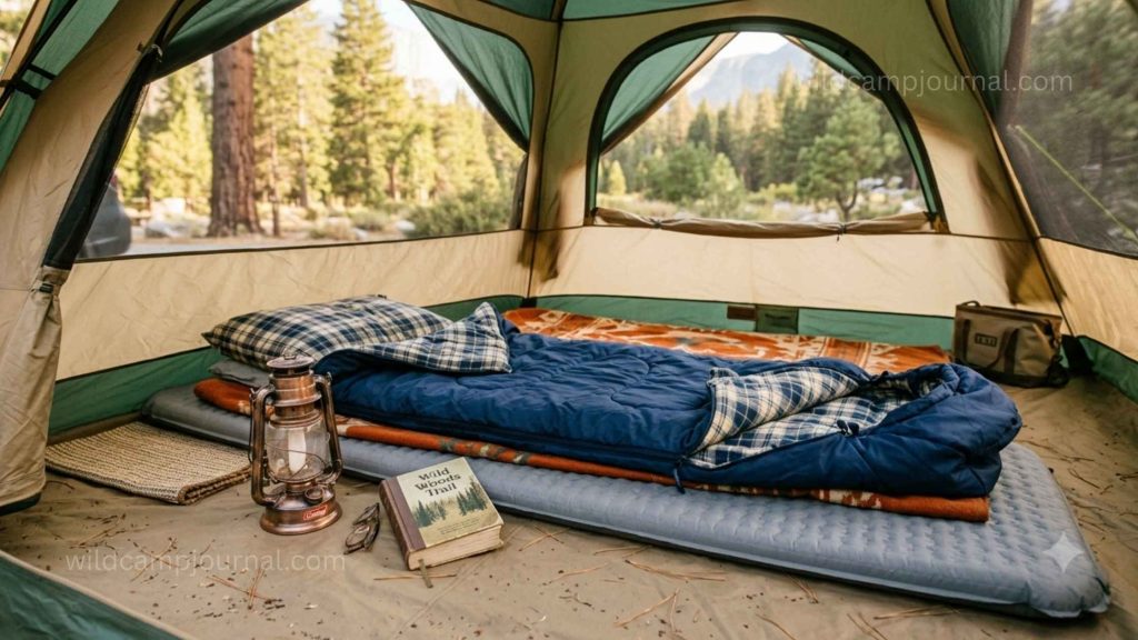 Rectangular camping sleeping bag unrolled on sleeping mat inside tent with camping lantern and book showing summer car camping setup