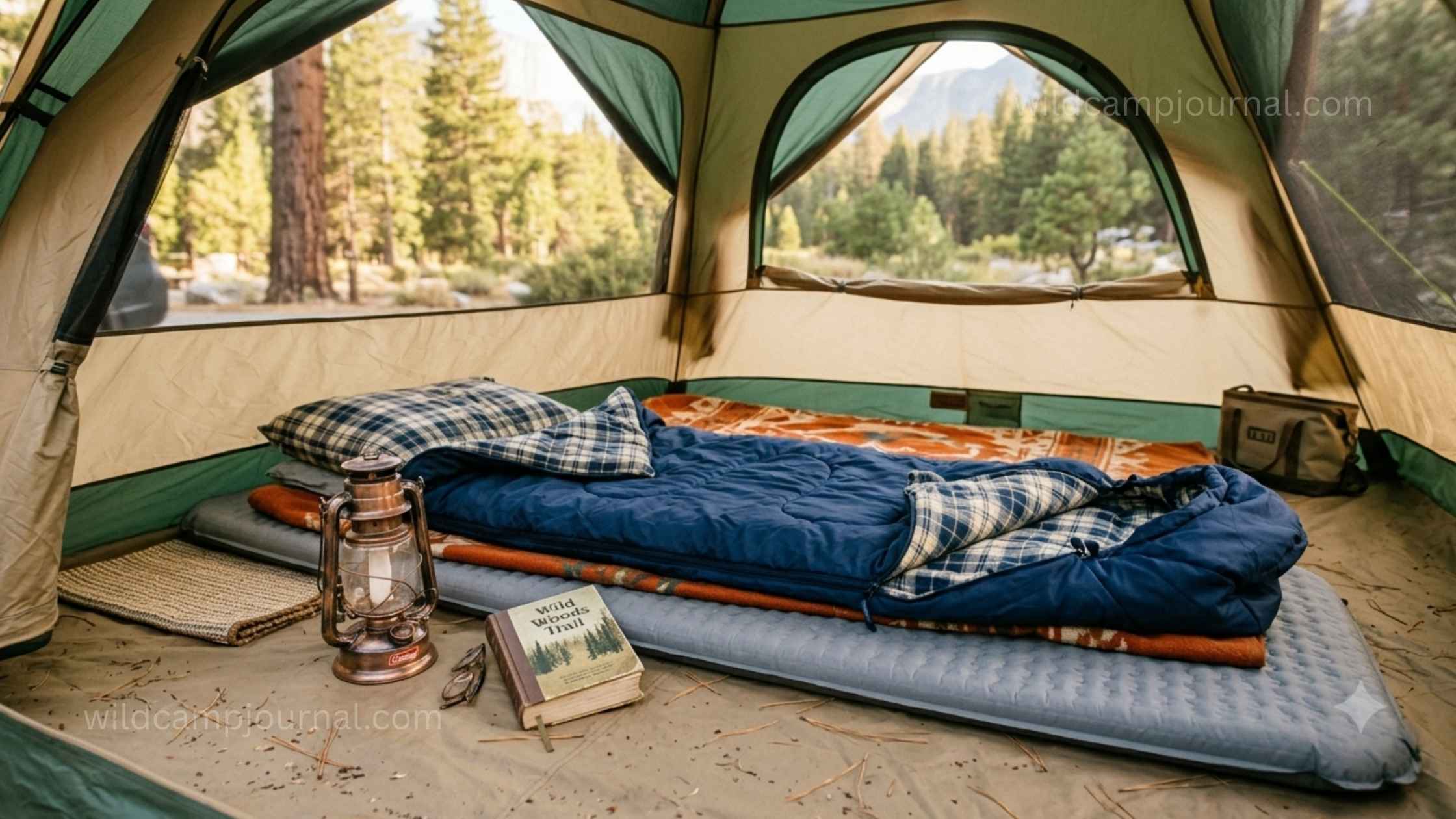 Rectangular camping sleeping bag unrolled on sleeping mat inside tent with camping lantern and book showing summer car camping setup