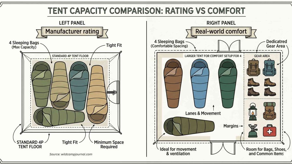 Infographic comparing tent capacity ratings versus real-world sleeping space for four people