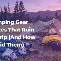 Common camping gear mistakes shown through a disorganized campsite with scattered equipment at dusk
