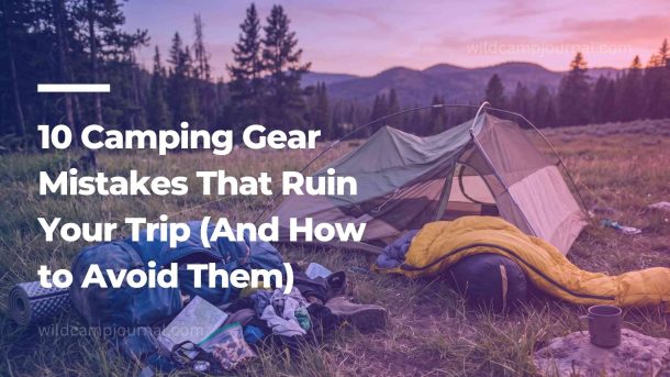 Common camping gear mistakes shown through a disorganized campsite with scattered equipment at dusk