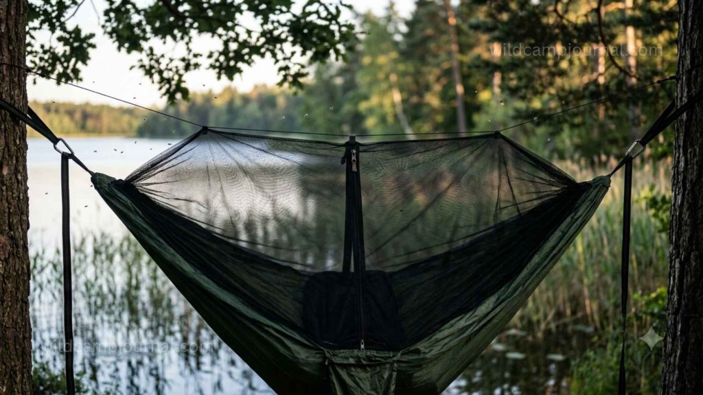 Close-up of camping hammock with integrated bug net zipped fully closed showing fine mesh protection from insects at a lakeside campsite