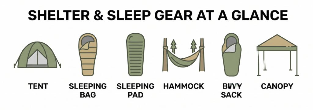 Shelter and sleep gear comparison infographic showing six gear categories tent sleeping bag sleeping pad hammock bivy and canopy