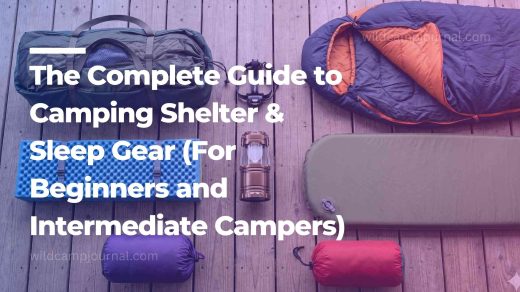 Complete camping shelter sleep gear system flat lay showing tent sleeping bag sleeping pad hammock and bivy sack.