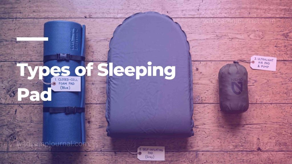 Three types of camping sleeping pads shown side by side — closed cell foam pad self-inflating pad and ultralight air pad comparison