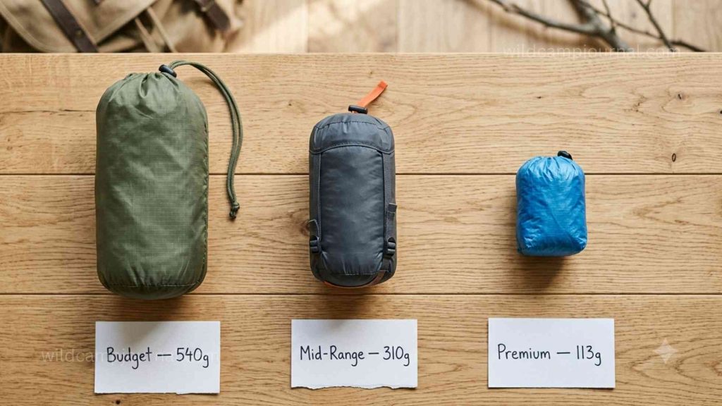 Flat lay of three camping tarps in packed state showing size comparison from budget 540g stuff sack to mid-range 310g to premium ultralight 113g