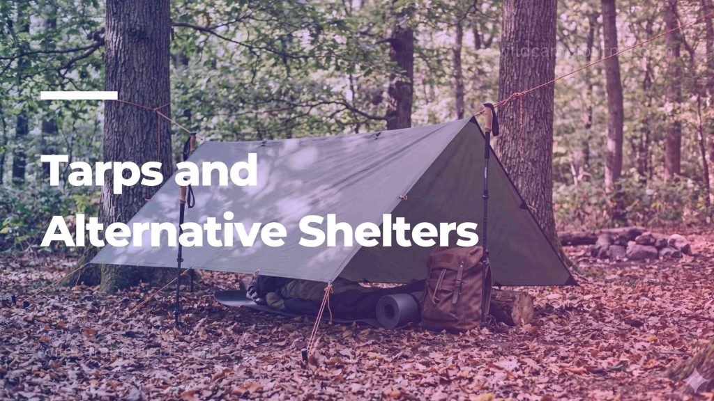Olive green camping tarp shelter rigged in A-frame configuration between two trees in woodland with sleeping pad underneath