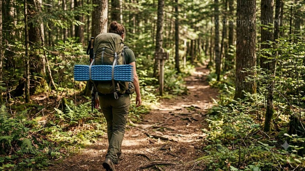 Backpacker on forest trail viewed from behind with accordion-folded closed-cell foam sleeping pad strapped horizontally across the outside of the backpack