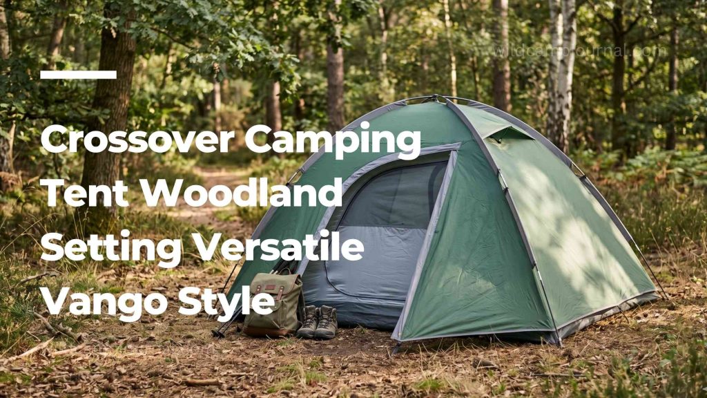 Mid-size crossover camping tent pitched in a semi-wild woodland setting suggesting versatility for both car camping and light backpacking