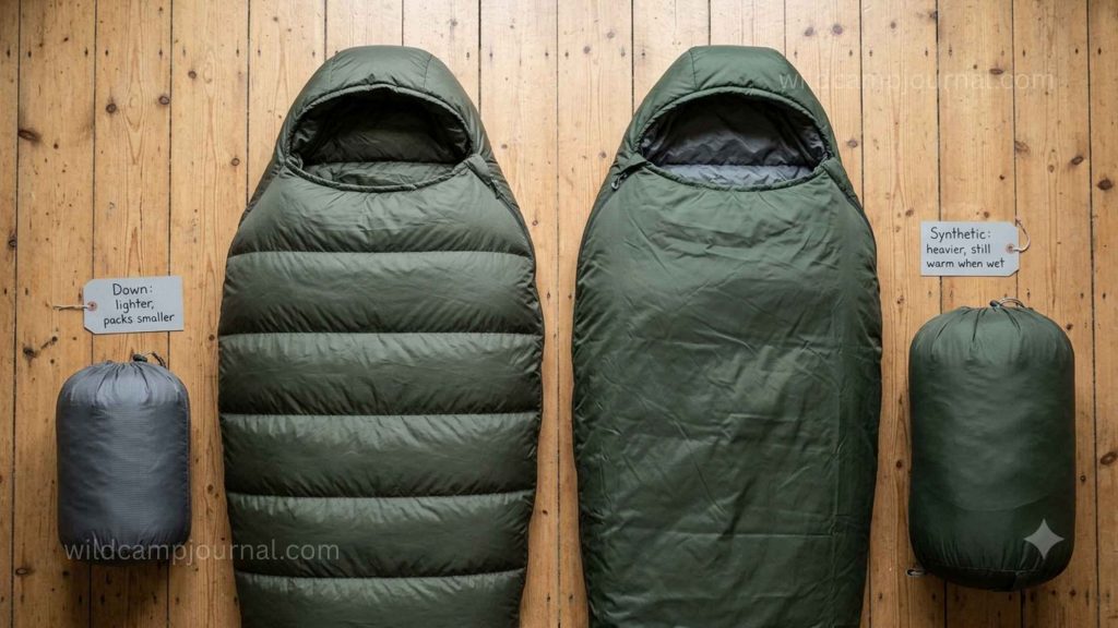 Flat lay comparison of down sleeping bag in small stuff sack versus synthetic sleeping bag in larger stuff sack at same temperature rating showing size and weight difference
