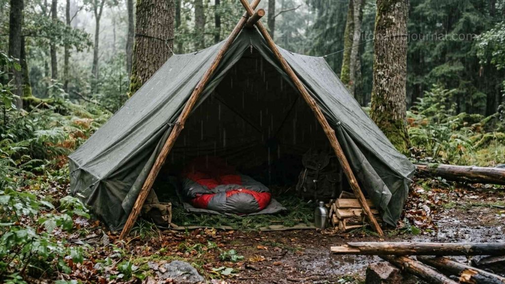 End view of enclosed A-frame tarp shelter showing folded fabric staked near ground with deliberate ventilation gap at base and sleeping bag visible inside