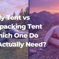 family tent vs backpacking tent - Split image comparing a large family camping tent at a car campsite on the left and a compact backpacking tent on a mountain ridge on the right