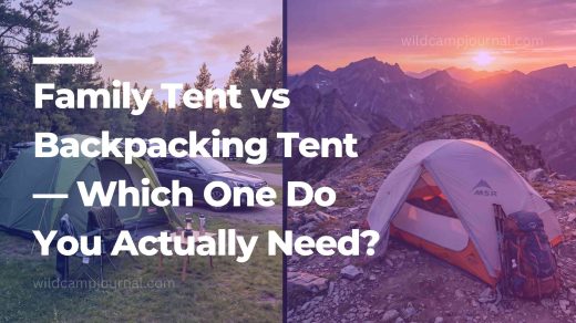family tent vs backpacking tent - Split image comparing a large family camping tent at a car campsite on the left and a compact backpacking tent on a mountain ridge on the right