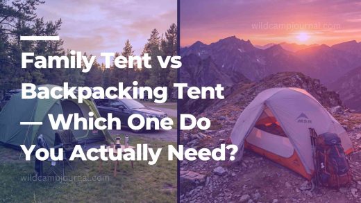 family tent vs backpacking tent - Split image comparing a large family camping tent at a car campsite on the left and a compact backpacking tent on a mountain ridge on the right