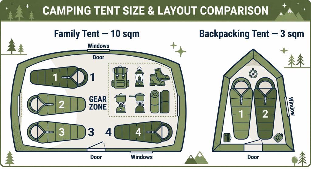 Overhead floor plan infographic comparing family tent floor area of 10 square metres versus backpacking tent floor area of 3 square metres drawn to scale