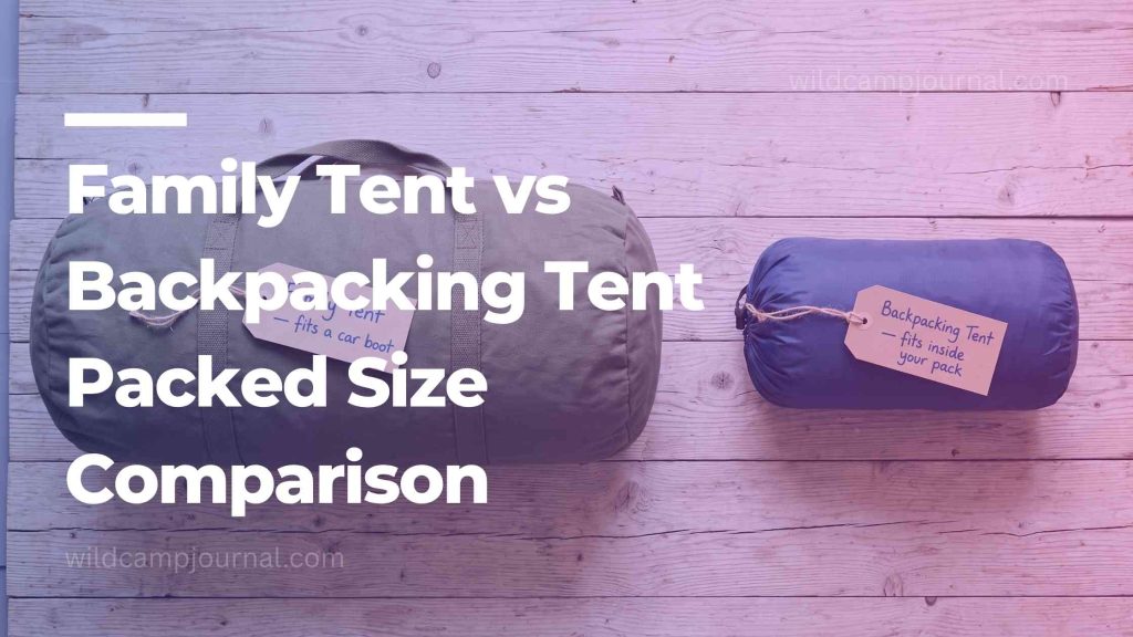 Side by side size comparison of a large family tent carry bag versus a compact backpacking tent stuff sack showing dramatic packed size difference