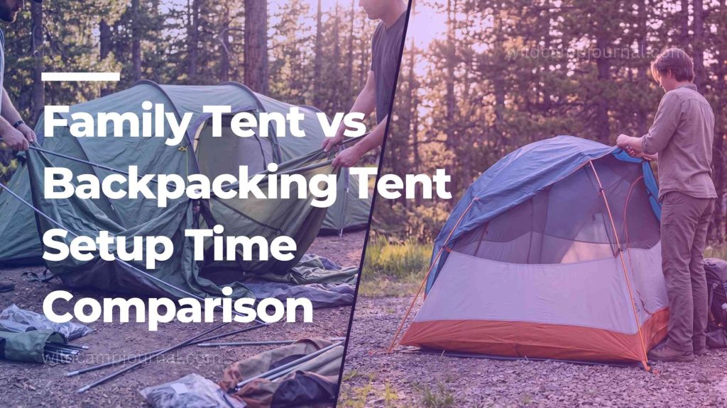 Split image showing complex multi-pole family tent assembly requiring two people on the left versus quick single-person backpacking tent setup on the right