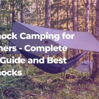 Complete hammock camping setup in woodland showing navy blue hammock between birch trees with grey tarp above and backpack hanging from tree strap