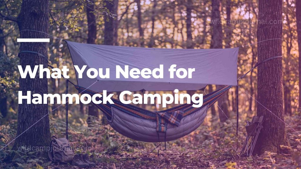 Complete hammock camping setup between two trees showing suspended hammock rain tarp above and underquilt below for insulation