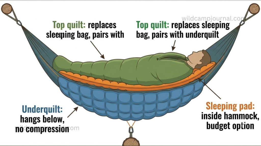 Cross-section diagram of hammock showing three insulation options: underquilt hanging below, sleeping pad inside, and top quilt above sleeper with labels