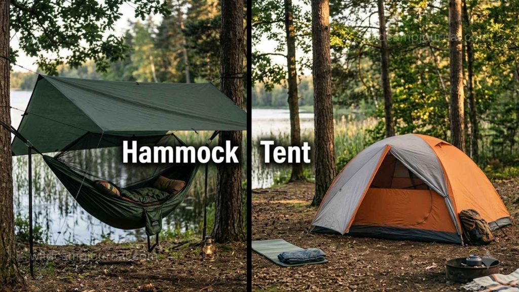Split image comparing hammock camping setup with tarp in woodland on left versus dome tent pitched on ground in forest clearing on right
