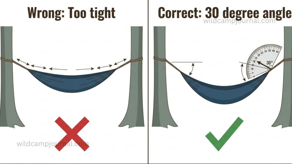 Technical diagram comparing incorrect tight hammock hang causing banana shape on left versus correct 30 degree hang angle with visible sag on right