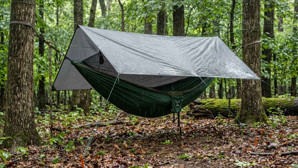 Hammock tarp setup in woodland showing grey tarp draped over ridgeline above green hammock with four corners staked out and rain visible outside the protected zone