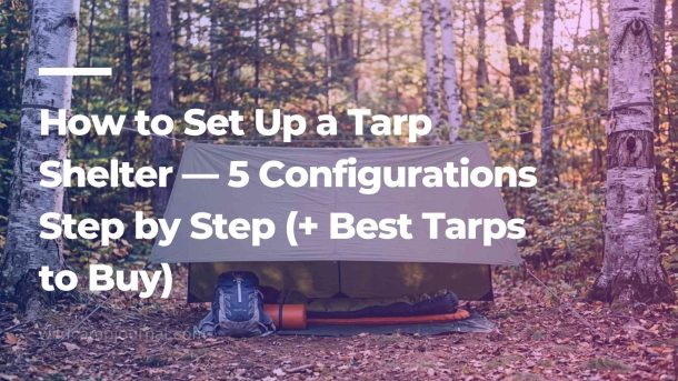 Perfectly pitched olive green A-frame tarp shelter between two birch trees in a forest clearing with backpack and sleeping mat underneath