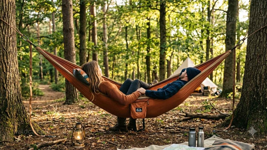 Two adults relaxing in a wide double camping hammock between large trees at a woodland campsite in warm afternoon light showing two-person capacity