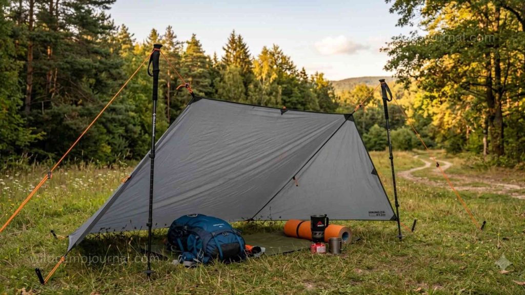 Lean-to tarp shelter rigged using two trekking poles as uprights with high edge attached to pole tips and low edge staked to the ground without trees