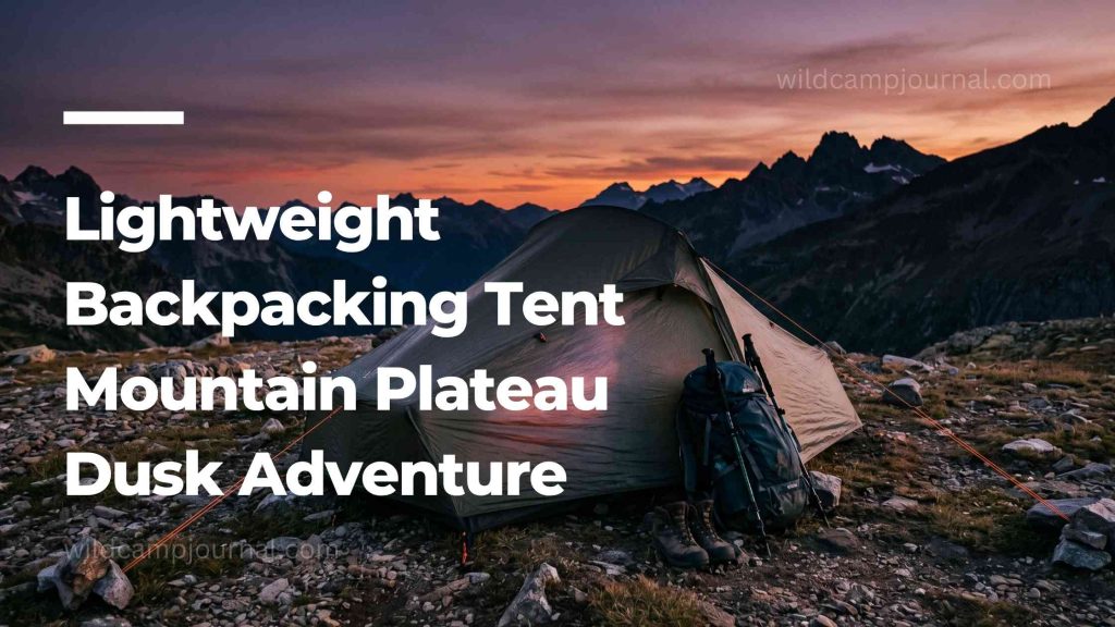 Lightweight two-person backpacking tent pitched on a rocky mountain plateau at dusk with guylines staked out and hiking backpack at entrance