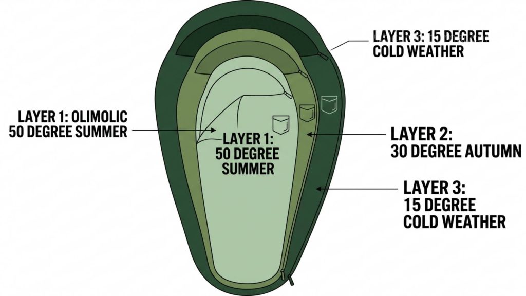 Exploded diagram of North Face Dolomite One three-layer sleeping bag system showing 50 degree summer layer 30 degree autumn layer and 15 degree cold weather outer layer nested together