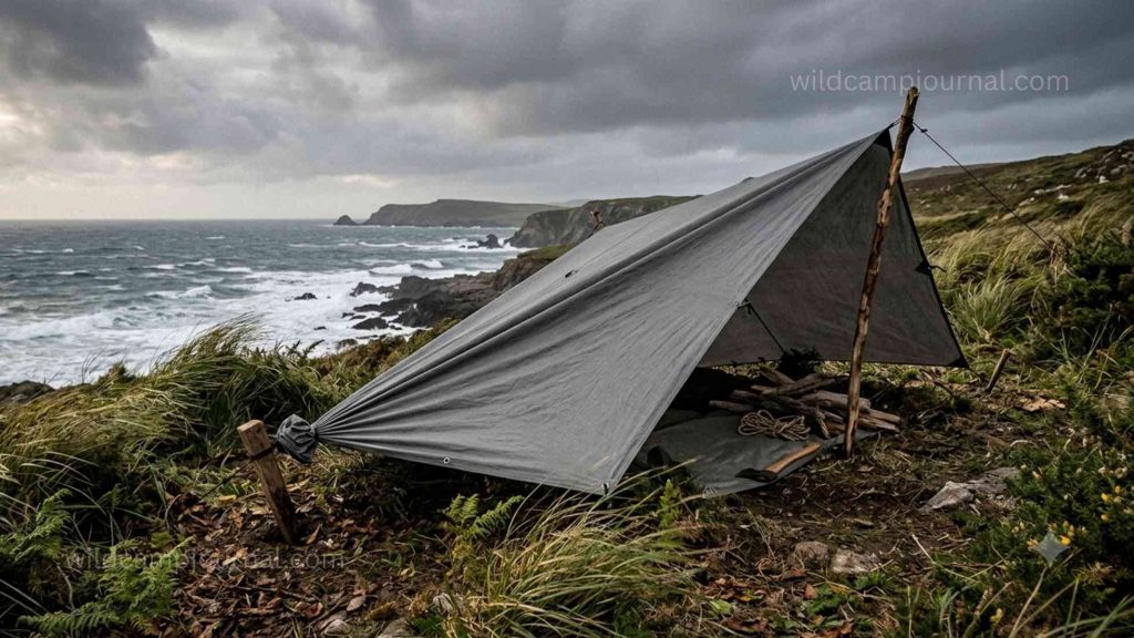 Plough point tarp shelter on exposed hillside with low end gathered to a single staked point facing the wind and high open end propped up