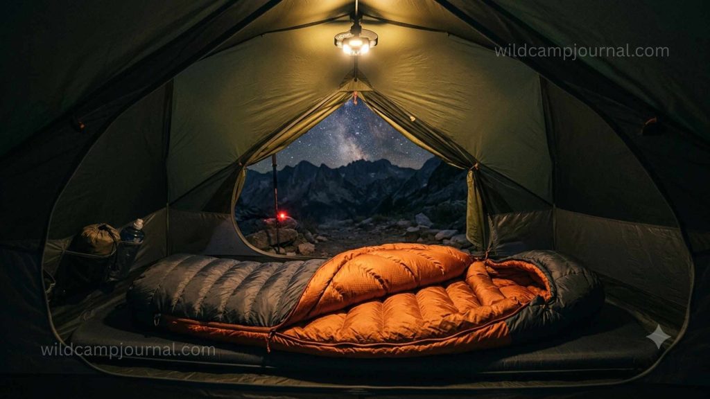 High-loft premium down mummy sleeping bag inside a lightweight backpacking tent at night with tent door open showing mountain silhouette and starry sky
