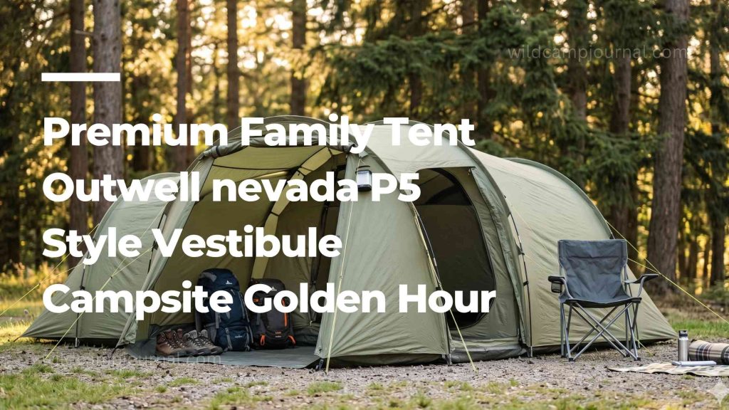Large premium family camping tent with near-vertical walls and wide front vestibule porch storing backpacks and boots at a campsite