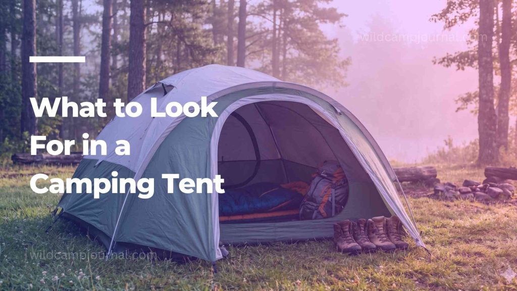 Large 3-season dome camping tent pitched at a misty morning campsite with open vestibule storing hiking boots and backpack