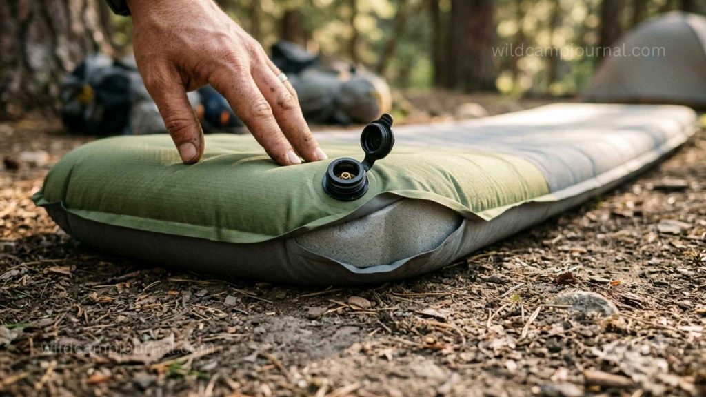 Self-inflating sleeping pad partially expanded on campsite ground with valve open showing foam core expanding during self-inflation process