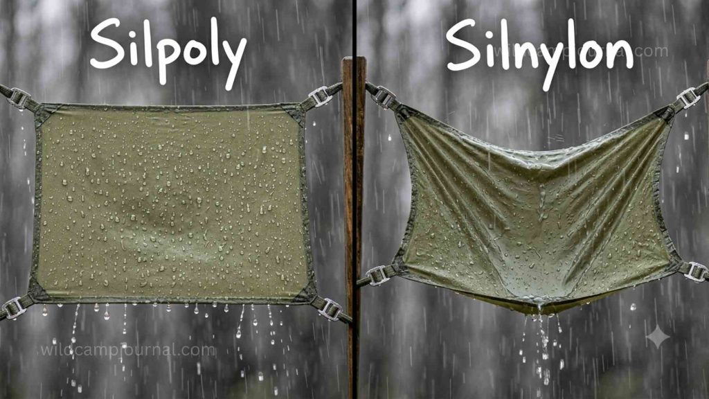 Split close-up comparison of silpoly tarp fabric staying taut in rain on the left versus silnylon tarp fabric sagging and stretching on the right