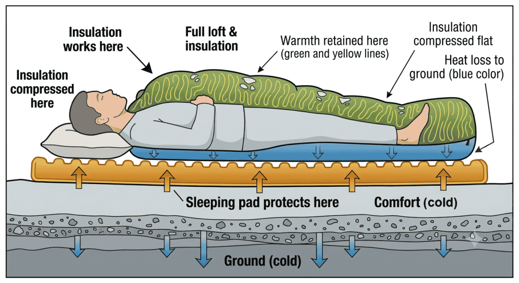 Cross-section diagram showing sleeping bag loft working on top half but compressed flat at bottom with sleeping pad providing insulation barrier between bag and cold ground