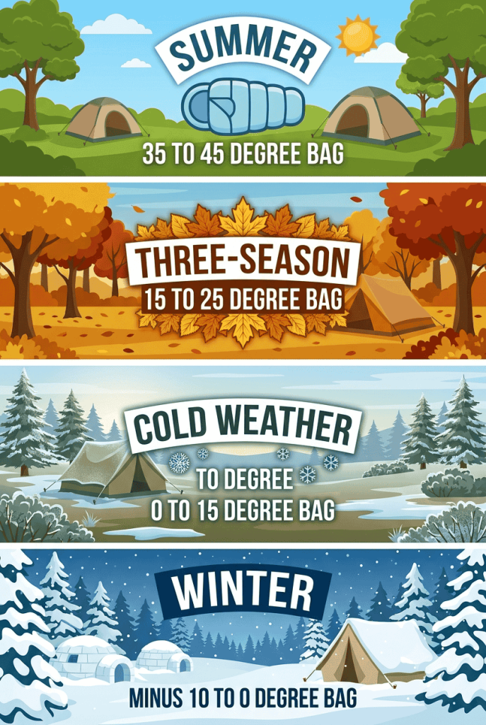 Vertical infographic showing four camping seasons stacked with recommended sleeping bag temperature ratings from summer 35 to 45 degrees down to winter minus 10 to 0 degrees