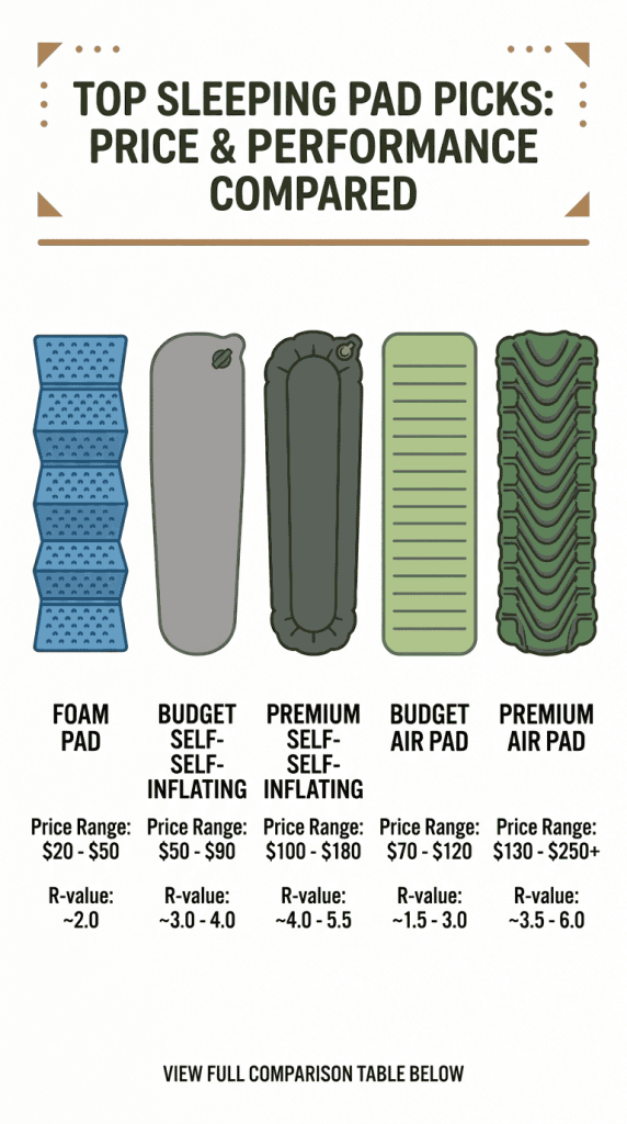 Horizontal comparison infographic showing five sleeping pad types in order of price from foam budget through premium air pad with price range and R-value labels beneath each