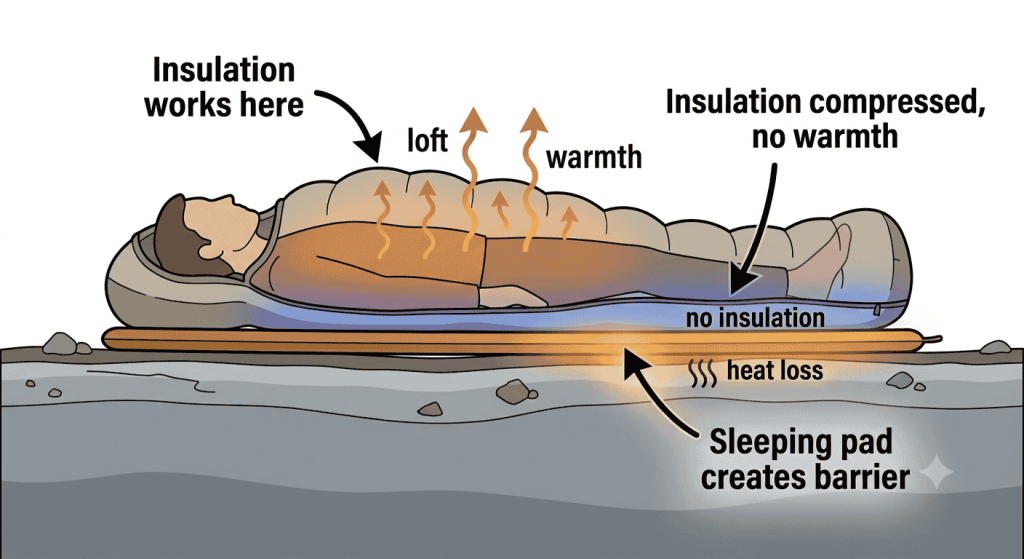 Cross-section diagram showing sleeping bag insulation working on top half but compressed with no warmth on bottom half, with sleeping pad providing insulating barrier from cold ground
