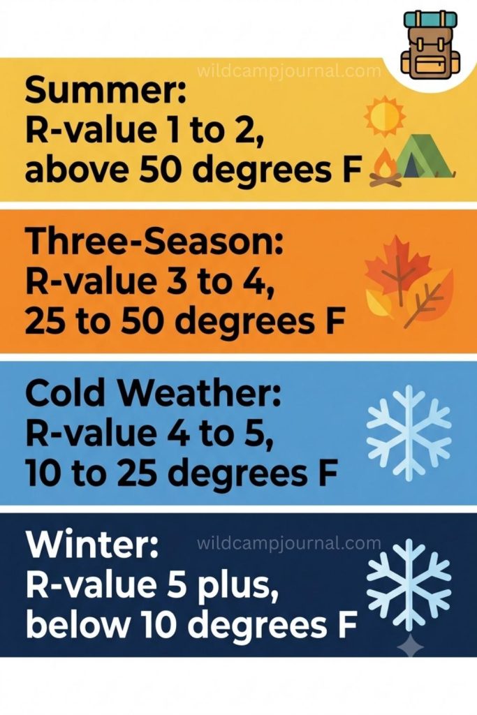 Vertical infographic showing sleeping pad R-value requirements for four camping seasons from summer R-value 1 to 2 through winter R-value 5 or above with temperature ranges