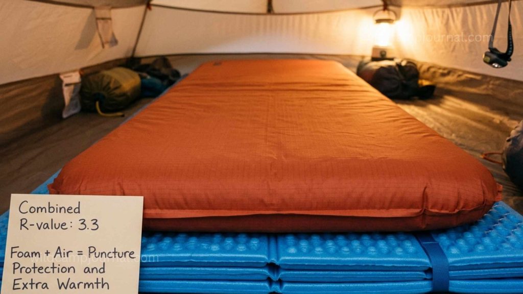 Two sleeping pads layered inside tent showing blue closed-cell foam pad underneath orange inflated air pad with combined R-value label demonstrating stacking strategy