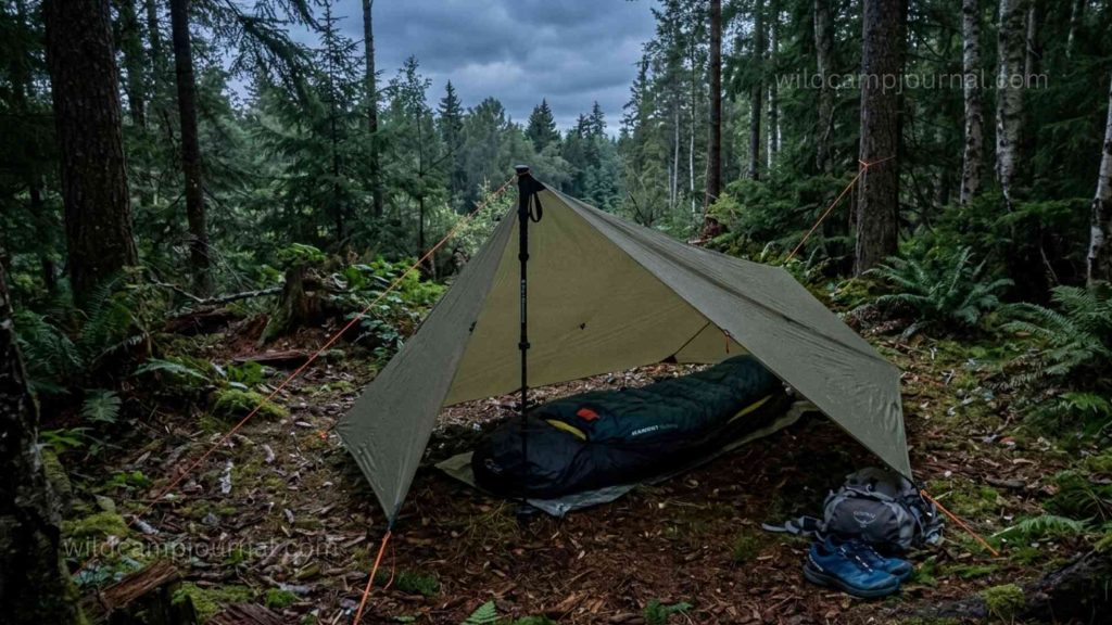 Overhead view of solo bivi wrap tarp shelter attached to single trekking pole forming a low diamond shape around a sleeping bag and bivy sack