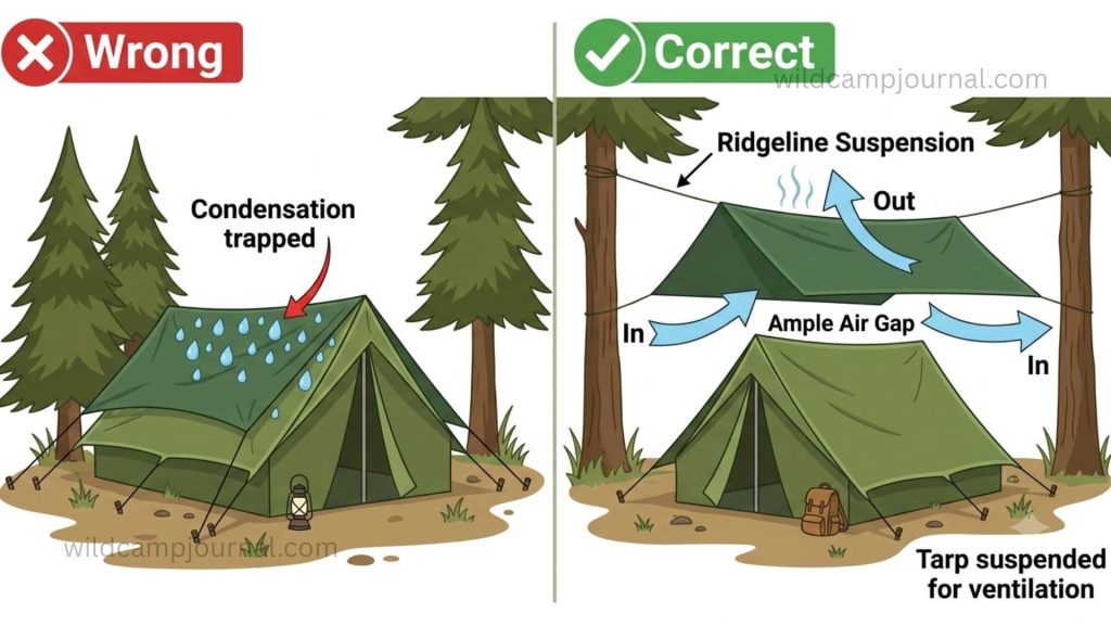 Diagram comparing incorrect tarp draped directly on tent roof trapping condensation on left versus correct tarp suspended above tent with clear air gap on right