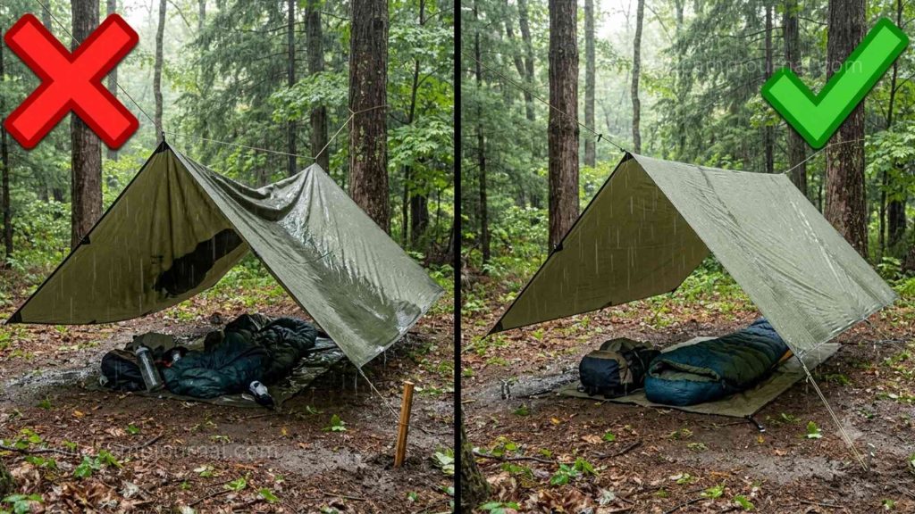 Split comparison showing incorrectly pitched A-frame tarp with sagging fabric and wrong stake angles on the left versus correctly pitched taut tarp with proper technique on the right