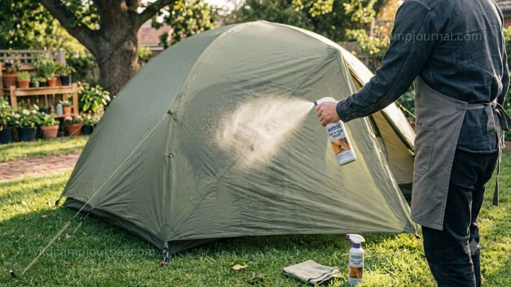 Person spraying DWR waterproofing treatment evenly across a pitched tent rainfly outdoors with spray bottle and damp cloth visible nearby