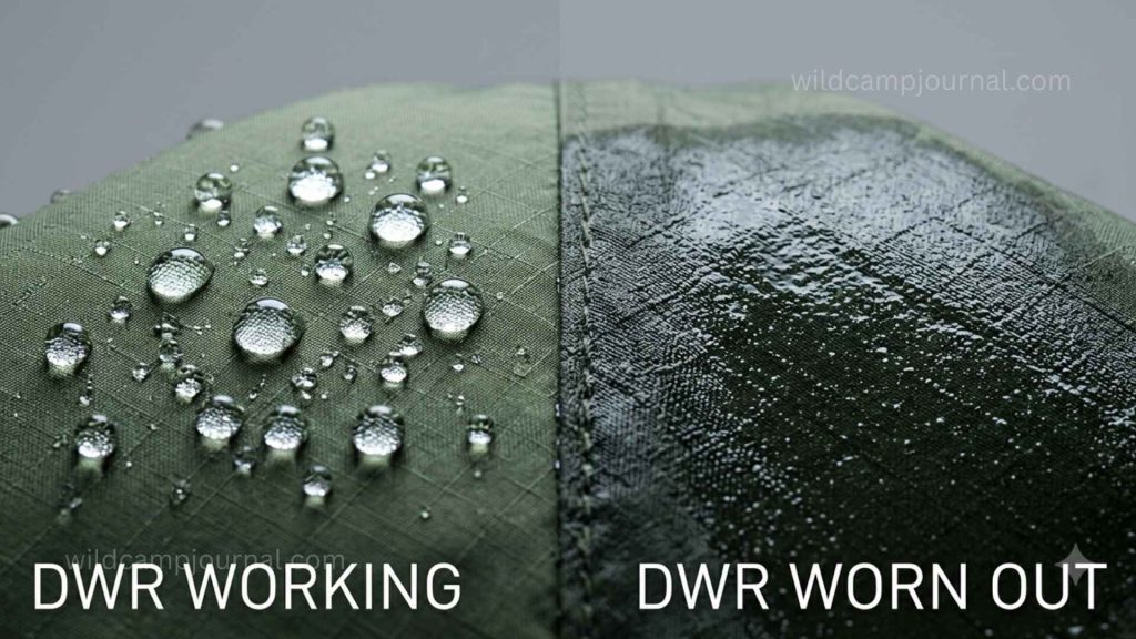 Side by side close-up comparison showing water beading on healthy tent fabric with working DWR coating versus water soaking flat into worn fabric that needs reproofing